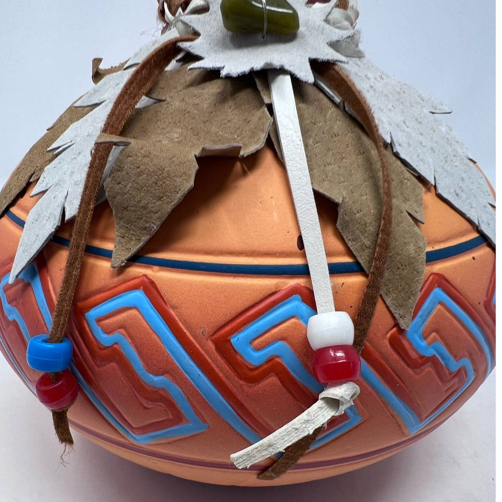 Decorative Painted Blue Orange Vase Leather Shaped Feathers with‎ Beads 8" Tall - Picture 7 of 7